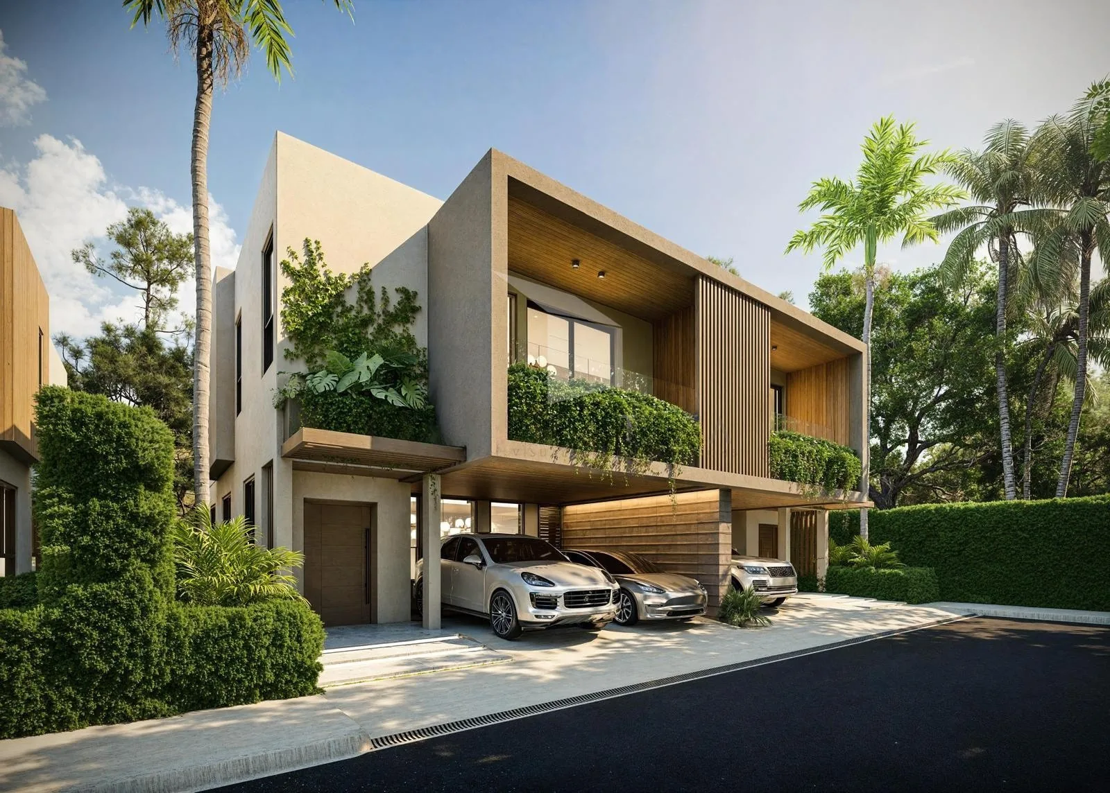 Fachada con carport techado